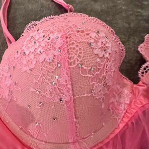 Victoria’s Secret lace and rhinestone pink baby doll lingerie set. Size 36B